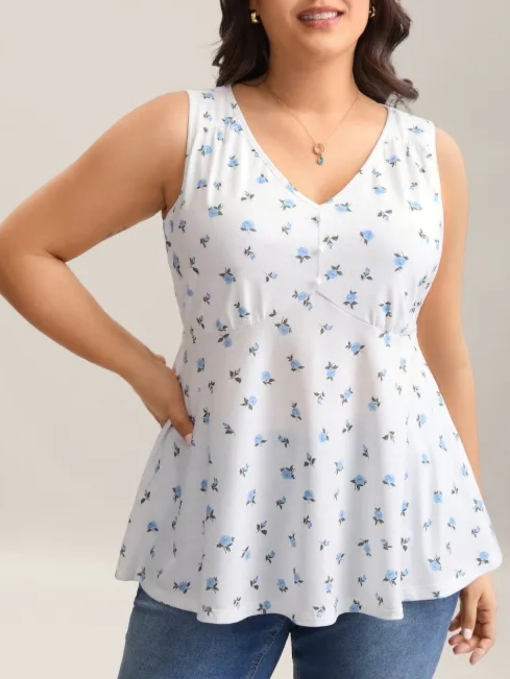 Bloomchic White Sleeveless Floral V-Neck Top - Blue Roses